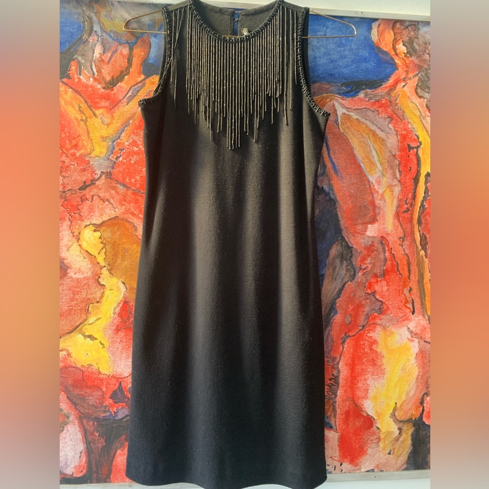Nina Patrick Black knit dress with bearded detail and hanging beaded fringe